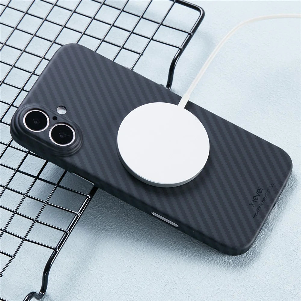 X-LEVEL For iPhone 16 Plus Magnetic Case Ultra-Thin PC Hard Phone Cover Carbon Fiber Texture - Black - 3