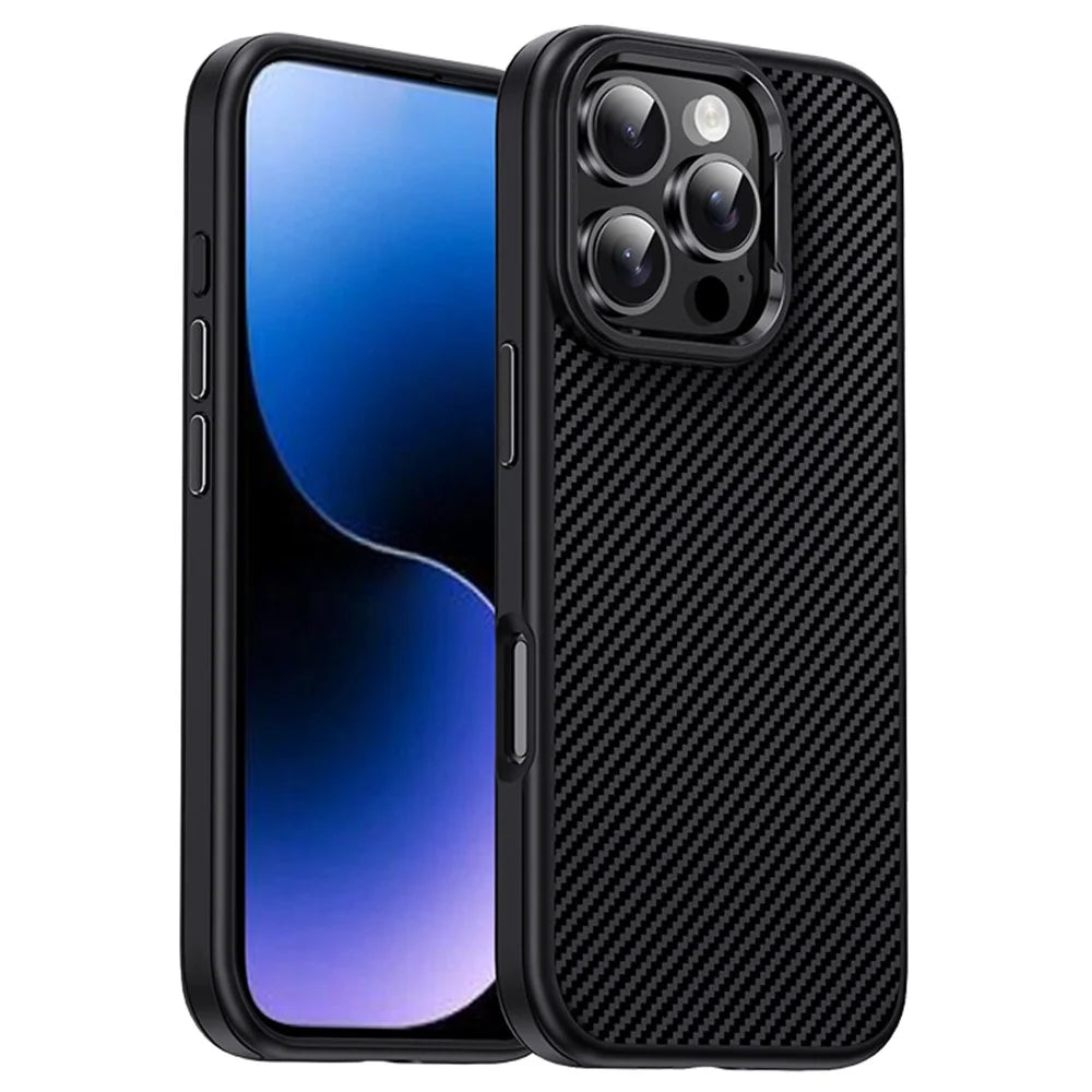 IPAKY For iPhone 16 Pro TPU Case Carbon Fiber Texture Phone Cover Metal Lens Frame - Black - 1