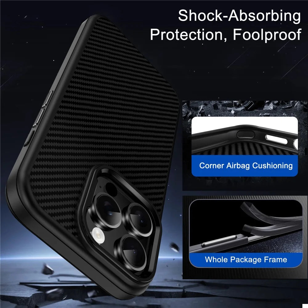 IPAKY For iPhone 16 Pro TPU Case Carbon Fiber Texture Phone Cover Metal Lens Frame - Black - 3