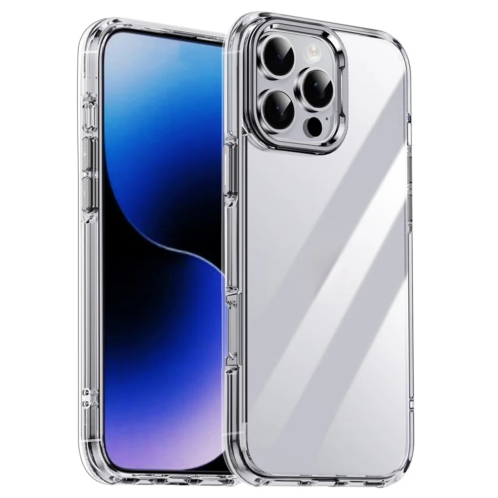 IPAKY For iPhone 16 Pro Max Clear Case Metal Lens Frame Shockproof TPU Phone Cover - Silver - 1