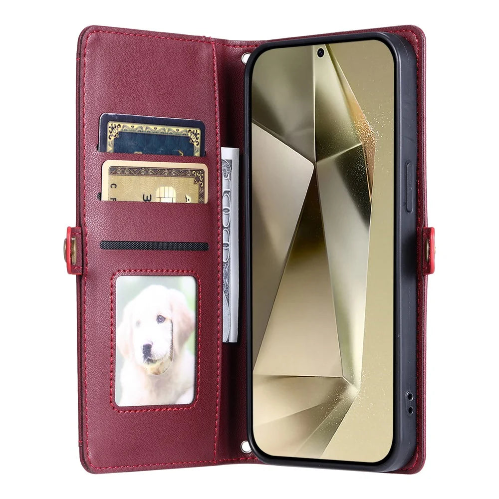 For Samsung Galaxy A35 5G Leather Case Wallet Stand Phone Cover with Straps - Wine Red - 2