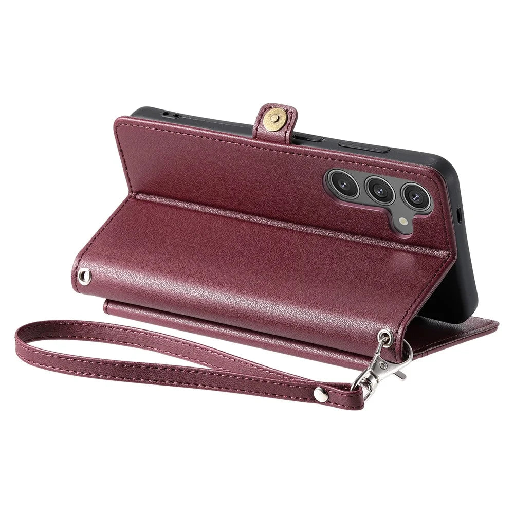 For Samsung Galaxy A35 5G Leather Case Wallet Stand Phone Cover with Straps - Wine Red - 3
