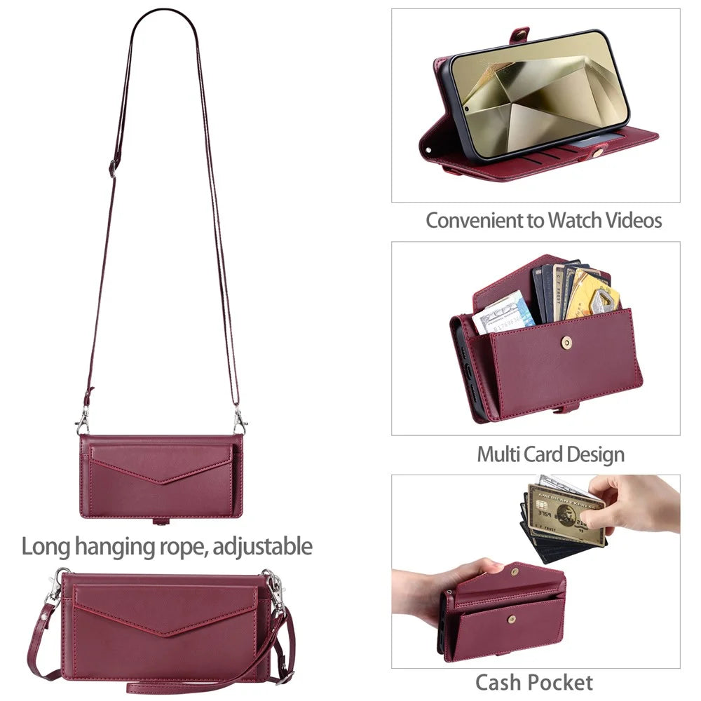 For Samsung Galaxy A35 5G Leather Case Wallet Stand Phone Cover with Straps - Wine Red - 5