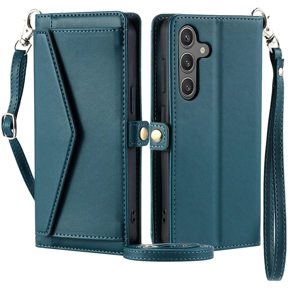 For Samsung Galaxy A16 5G / A16 4G Leather Case Wallet Stand Phone Cover with Straps - Blackish Green - 1
