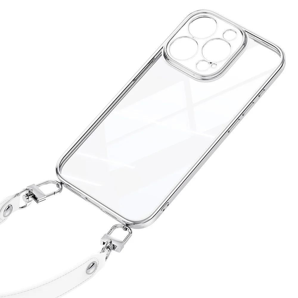 SULADA For iPhone 16 Pro Max Case Electroplating Ultra Clear Soft TPU Phone Cover with PU Wrist Strap - White - 5