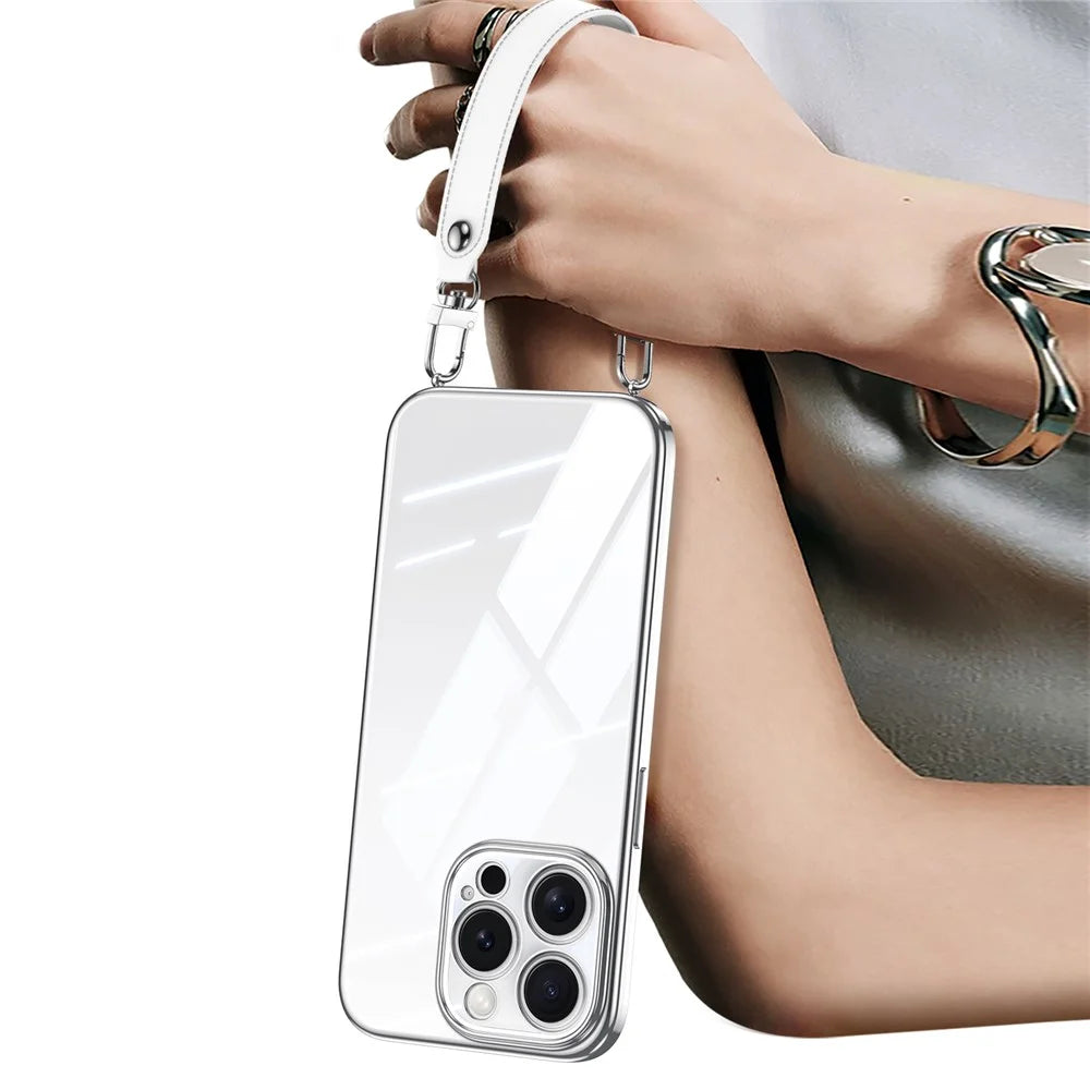 SULADA For iPhone 16 Pro Case Electroplating Ultra Clear Soft TPU Phone Cover with PU Wrist Strap - White - 1