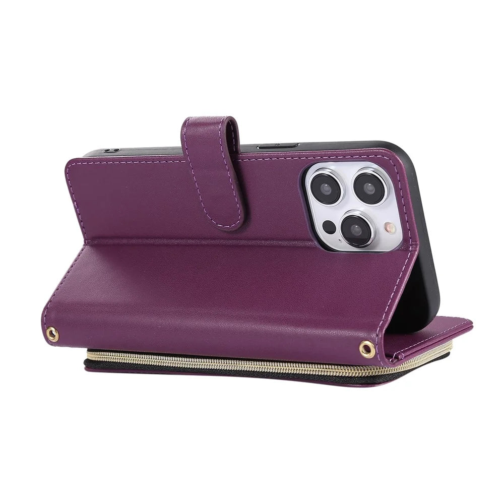 For iPhone 16 Pro Max Wallet Case Folio PU Leather Stand Rhombus Phone Cover with Hand Strap - Dark Purple - 4