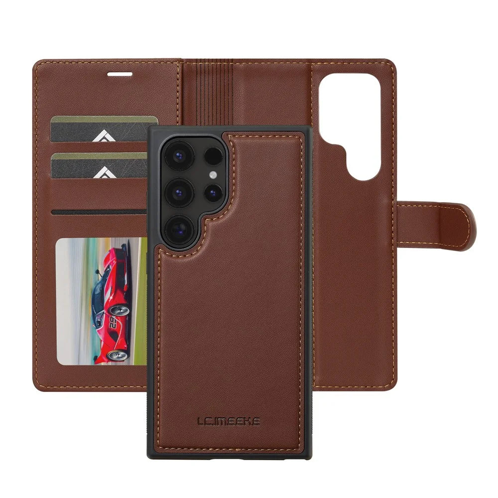 LC.IMEEKE L2 Series for Samsung Galaxy S24 Ultra Case PU Leather Wallet Detachable Magnetic Phone Cover - Brown - 2