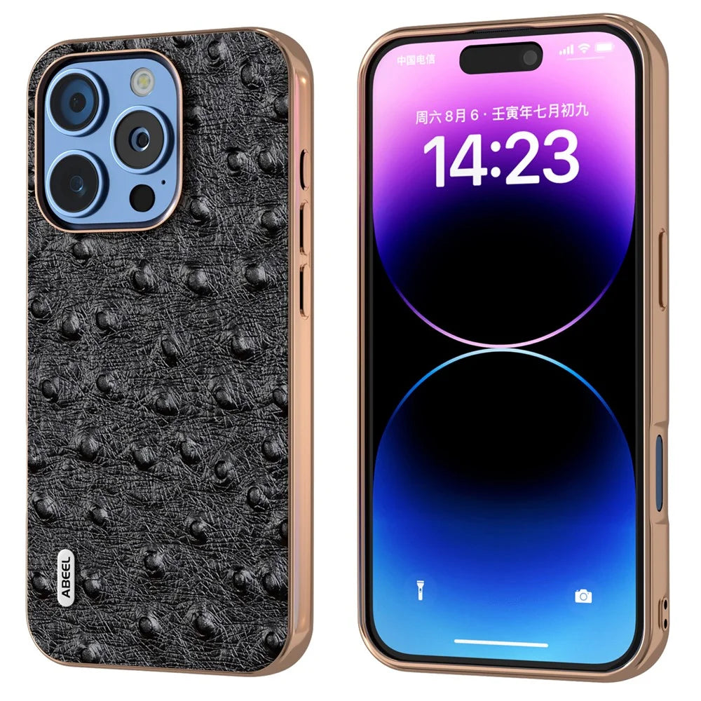 ABEEL For iPhone 16 Pro Max Case Electroplating Edge Ostrich Texture Genuine Cow Leather Back Cover - Black - 1
