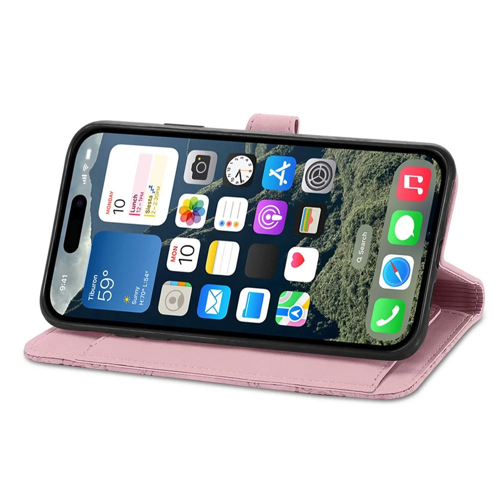 For iPhone 16 Zipper Wallet Case with Strap Flower Imprint PU Leather Phone Cover - Pink - 3