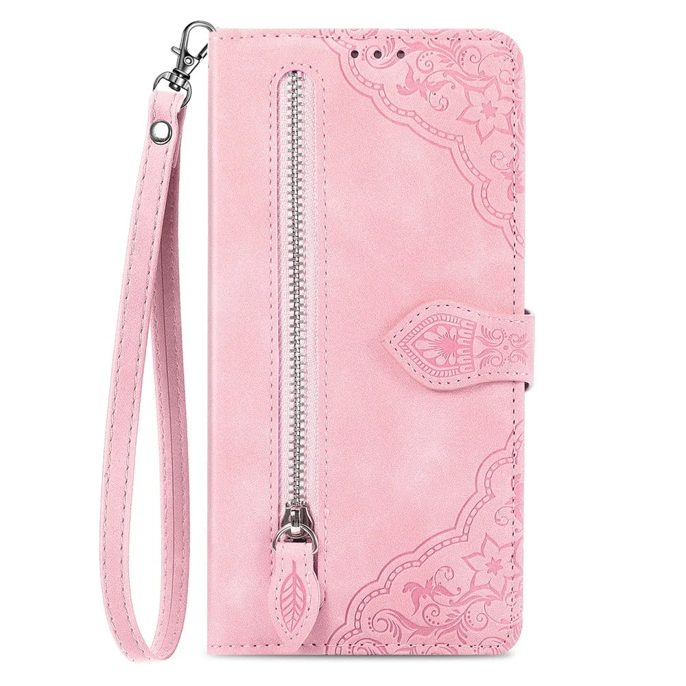 For iPhone 16 Zipper Wallet Case with Strap Flower Imprint PU Leather Phone Cover - Pink - 6