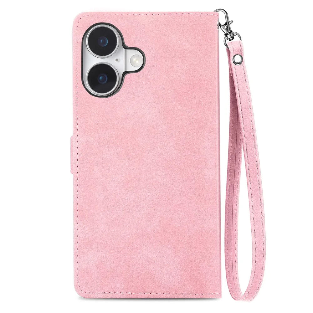For iPhone 16 Zipper Wallet Case with Strap Flower Imprint PU Leather Phone Cover - Pink - 7