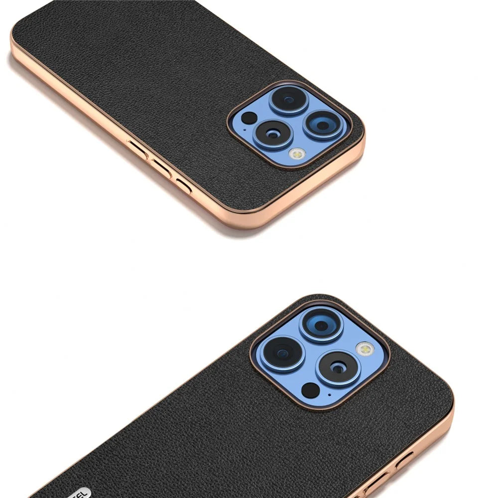 ABEEL For iPhone 16 Pro Max Case Electroplating Edge Genuine Cow Leather Coated PC+TPU Phone Cover - Black - 2