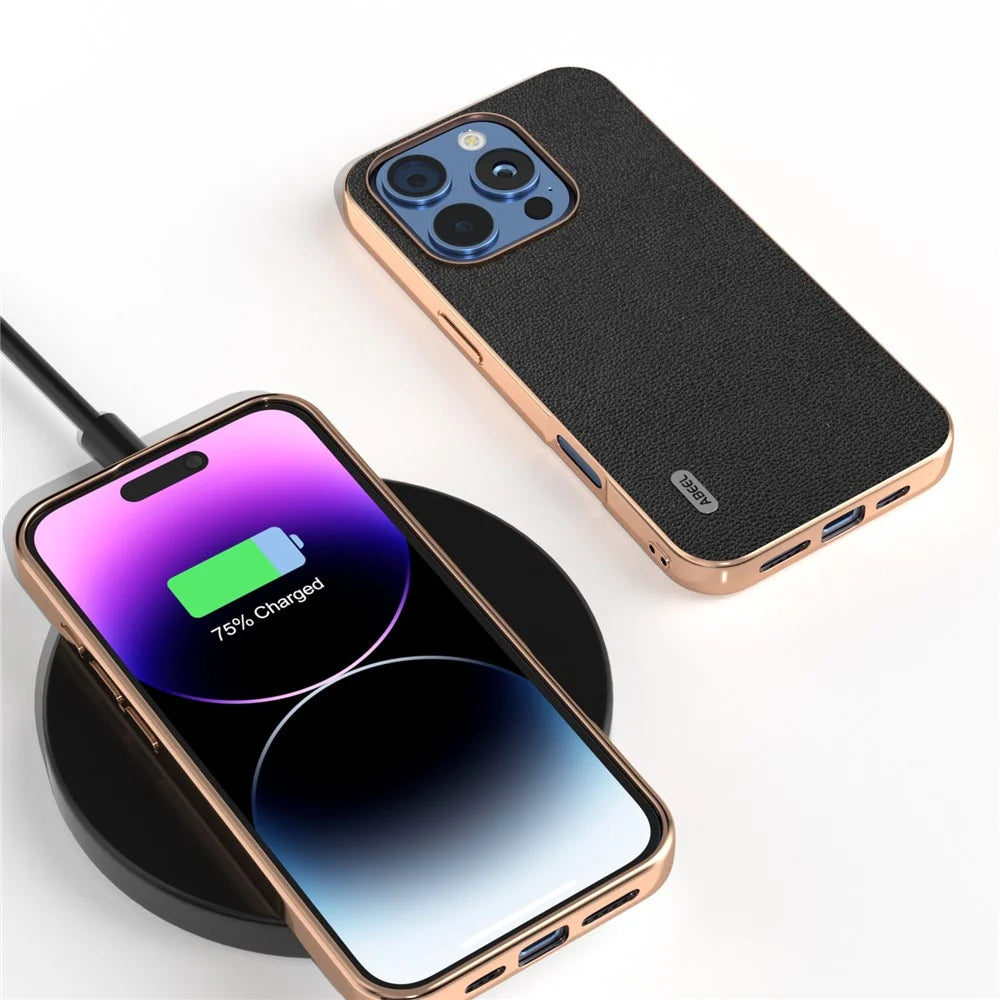 ABEEL For iPhone 16 Pro Max Case Electroplating Edge Genuine Cow Leather Coated PC+TPU Phone Cover - Black - 3