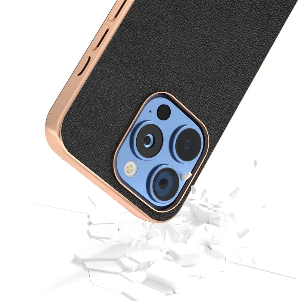 ABEEL For iPhone 16 Pro Max Case Electroplating Edge Genuine Cow Leather Coated PC+TPU Phone Cover - Black - 4