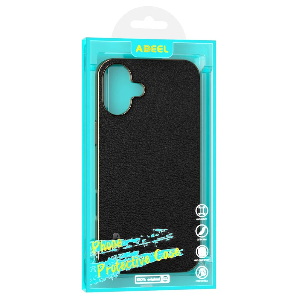 ABEEL For iPhone 16 Case Electroplating Edge Genuine Cow Leather Coated PC+TPU Phone Cover - Black - 5