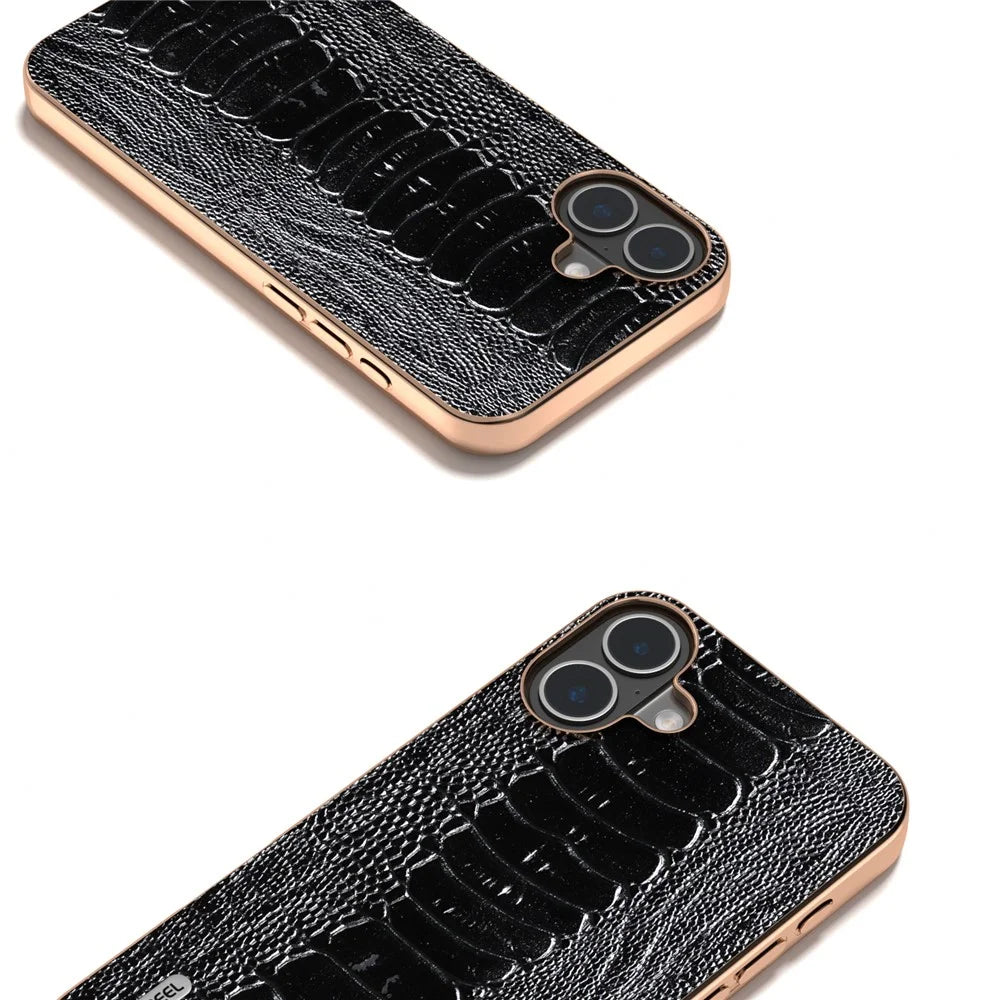 ABEEL For iPhone 16 Case Electroplating Edge Crocodile Texture Genuine Cow Leather+TPU+PC Phone Cover - Black - 2