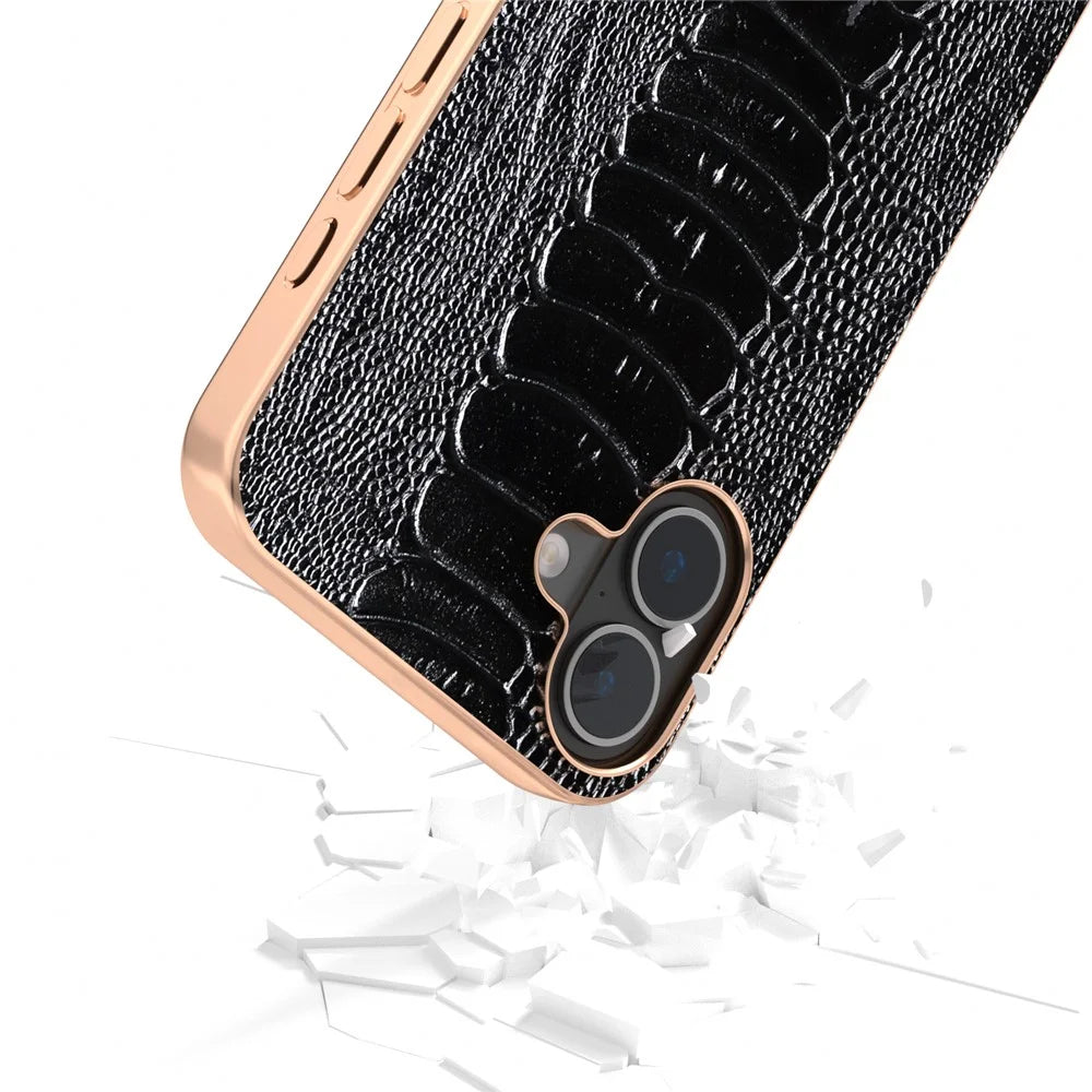 ABEEL For iPhone 16 Case Electroplating Edge Crocodile Texture Genuine Cow Leather+TPU+PC Phone Cover - Black - 4