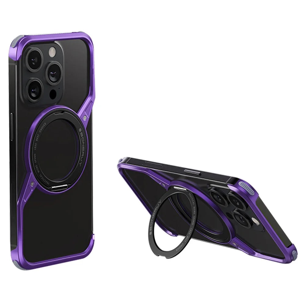 For iPhone 14 Pro Bumper Phone Case Rotary Ring Kickstand Aluminium Alloy S-Shape Magnetic Cover - Purple - 1