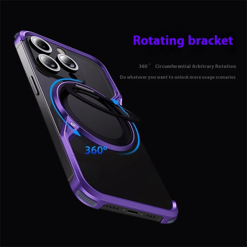 For iPhone 14 Pro Max Bumper Phone Case Rotary Ring Kickstand Aluminium Alloy S-Shape Magnetic Cover - Purple - 5