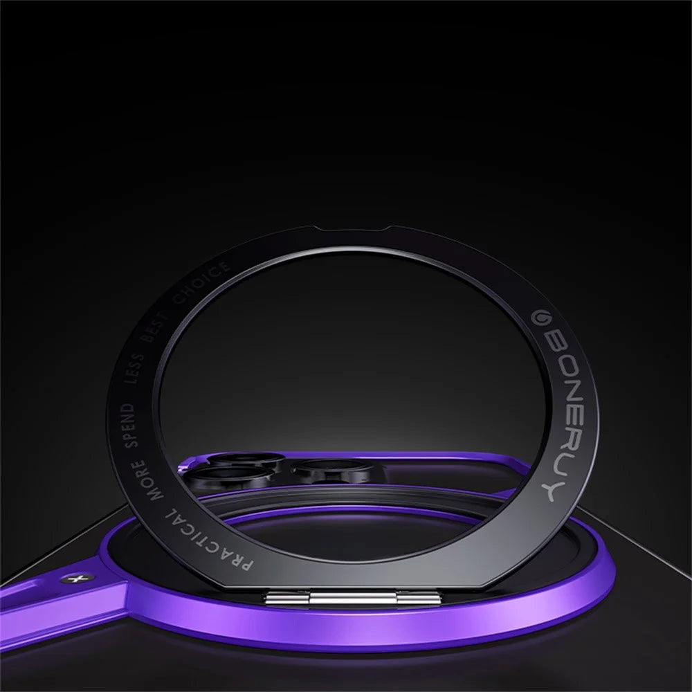 For iPhone 14 Pro Max Bumper Phone Case Rotary Ring Kickstand Aluminium Alloy S-Shape Magnetic Cover - Purple - 6