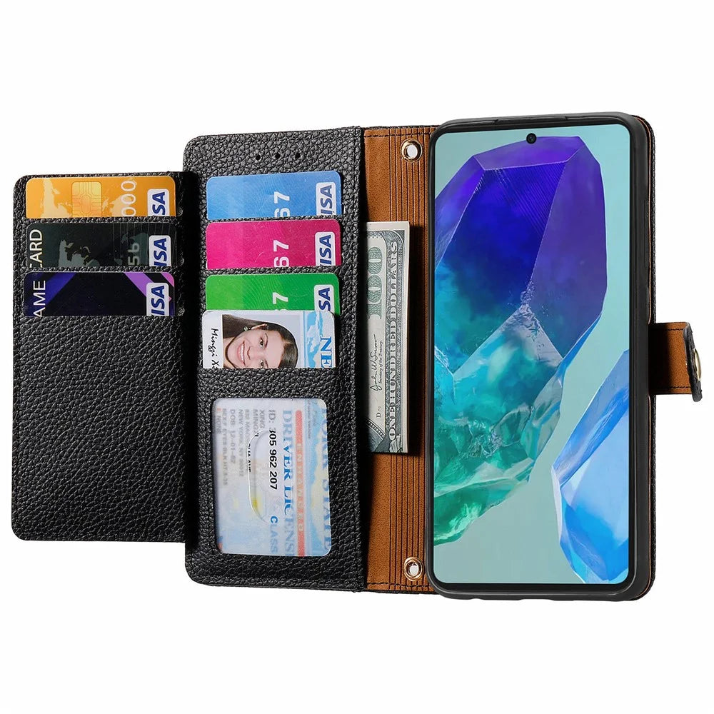 For Samsung Galaxy A16 5G / A16 4G Case RFID Blocking Zipper Pocket Leather Wallet Phone Cover with Strap - Black - 2