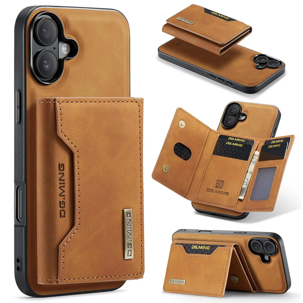 DG.MING M2 Series for iPhone 16 Case PU+PC+TPU Phone Cover Detachable Wallet - Brown - 1