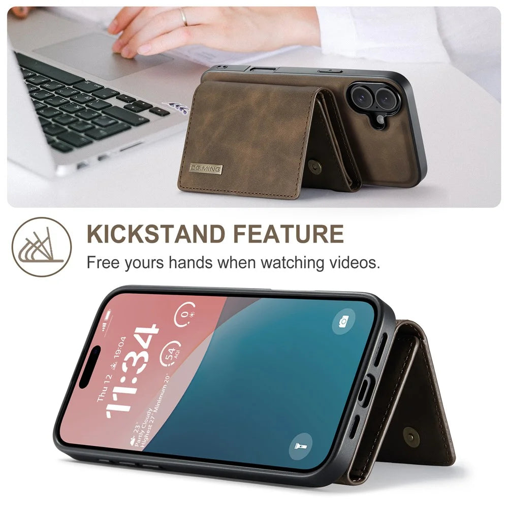 DG.MING M1 Series for iPhone 16 Case Kickstand PU Phone Cover with Detachable Wallet - Coffee - 4