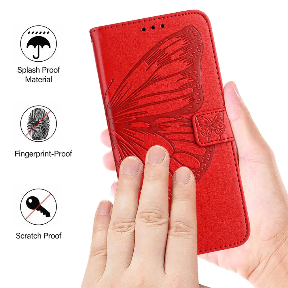 For iPhone 16 Wallet Case with Wrist Strap Butterfly Imprint Leather Phone Cover - Red - 3