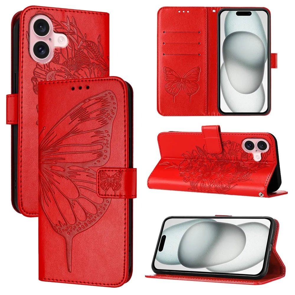 For iPhone 16 Wallet Case with Wrist Strap Butterfly Imprint Leather Phone Cover - Red - 6