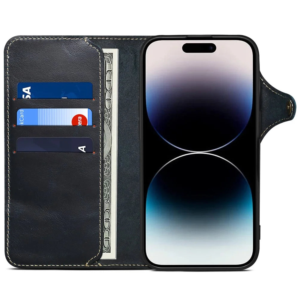 For iPhone 16 Pro Max Case Waxy Genuine Cow Leather Phone Wallet Shockproof Cover - Blue - 2