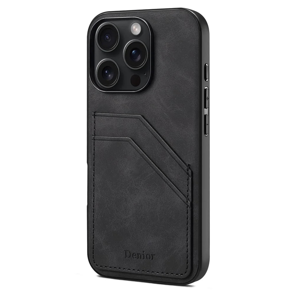 DENIOR For iPhone 16 Pro Case Dual Card Slots PU Leather+TPU+PC Phone Cover - Black - 1