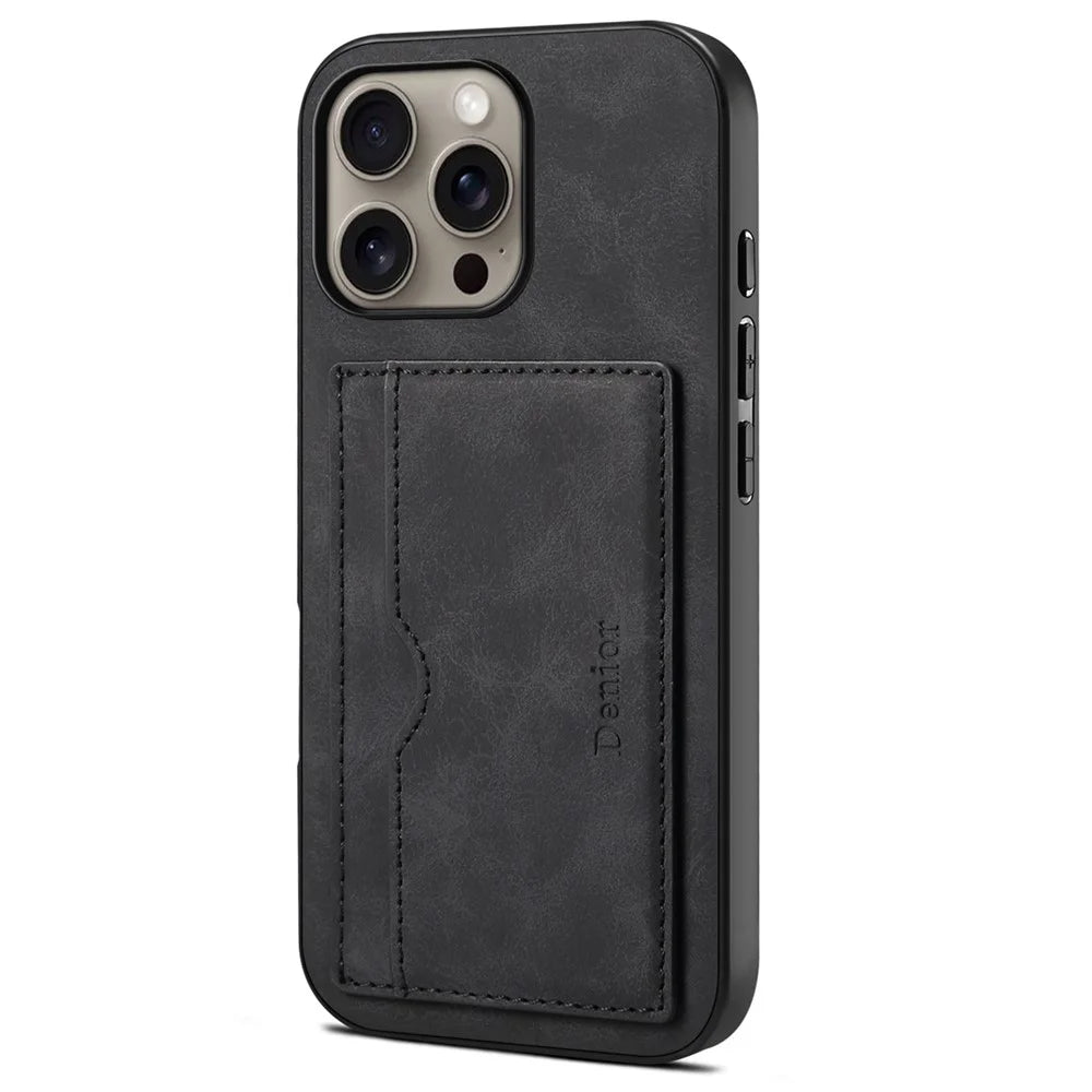 DENIOR For iPhone 16 Pro Max Case Card Holder Kickstand Retro Leather+PC+TPU Phone Cover - Black - 1