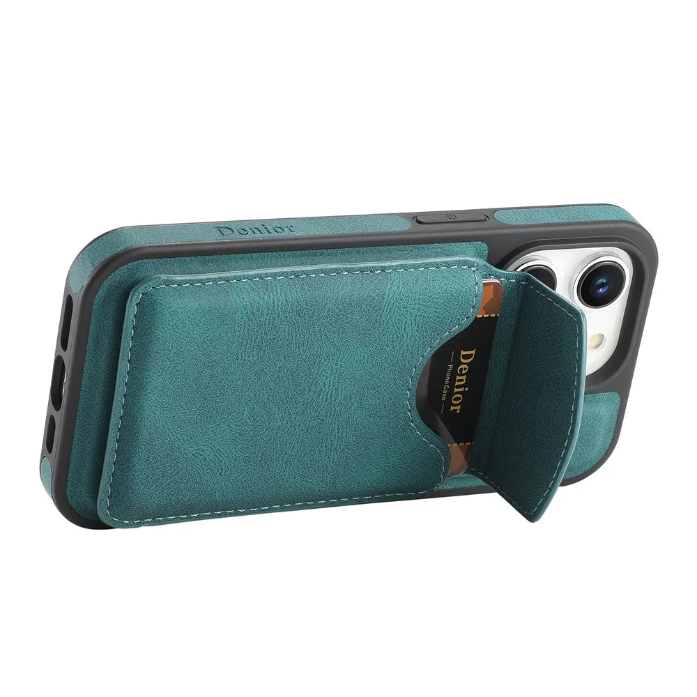 DENIOR D19 For iPhone 15 Pro Magnetic Case Leather+PC+TPU Cover with Detachable Card Bag - Blue - 2