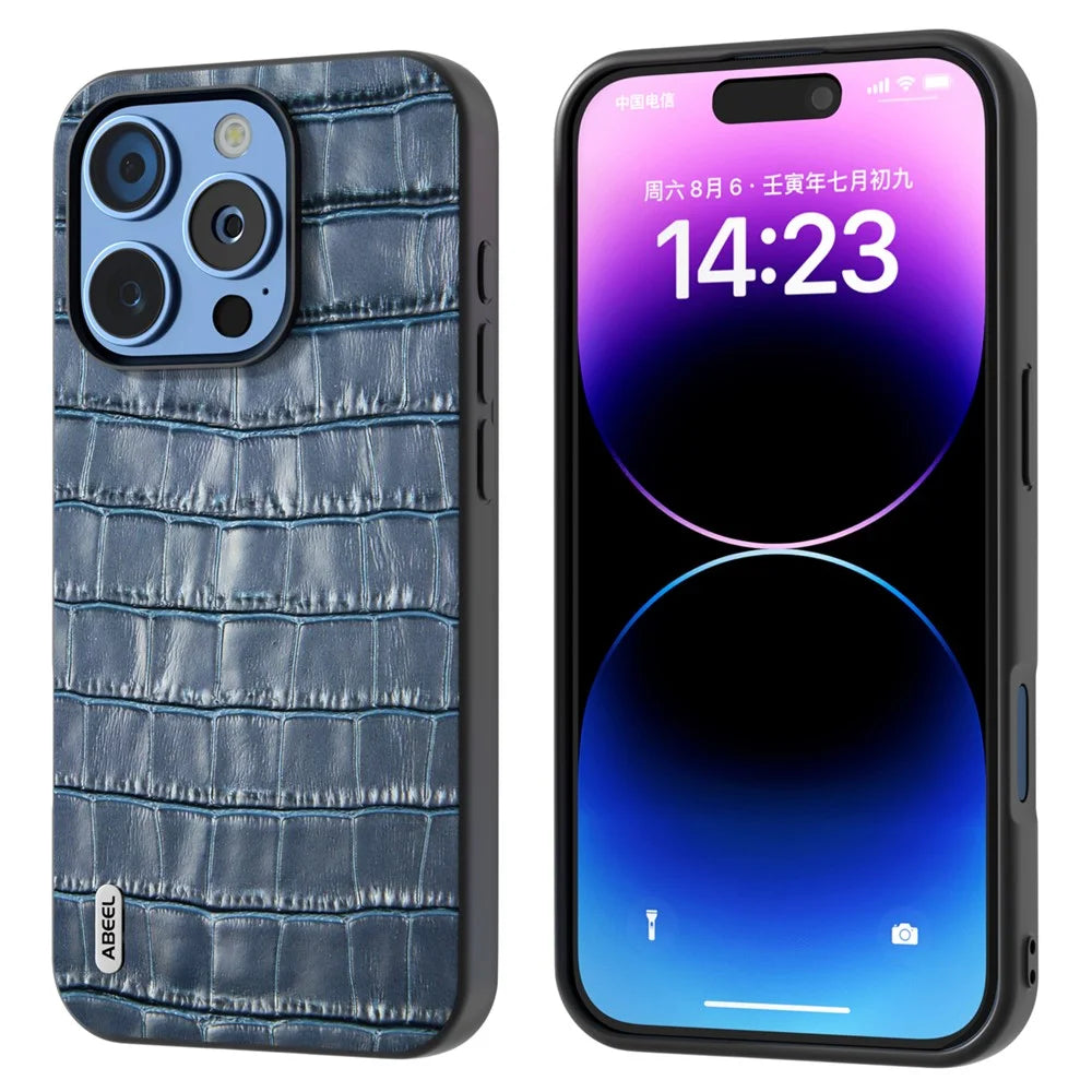 ABEEL For iPhone 16 Pro Cases Genuine Cow Leather+PC+TPU Drop-Proof Cell Phone Cover - Blue - 1