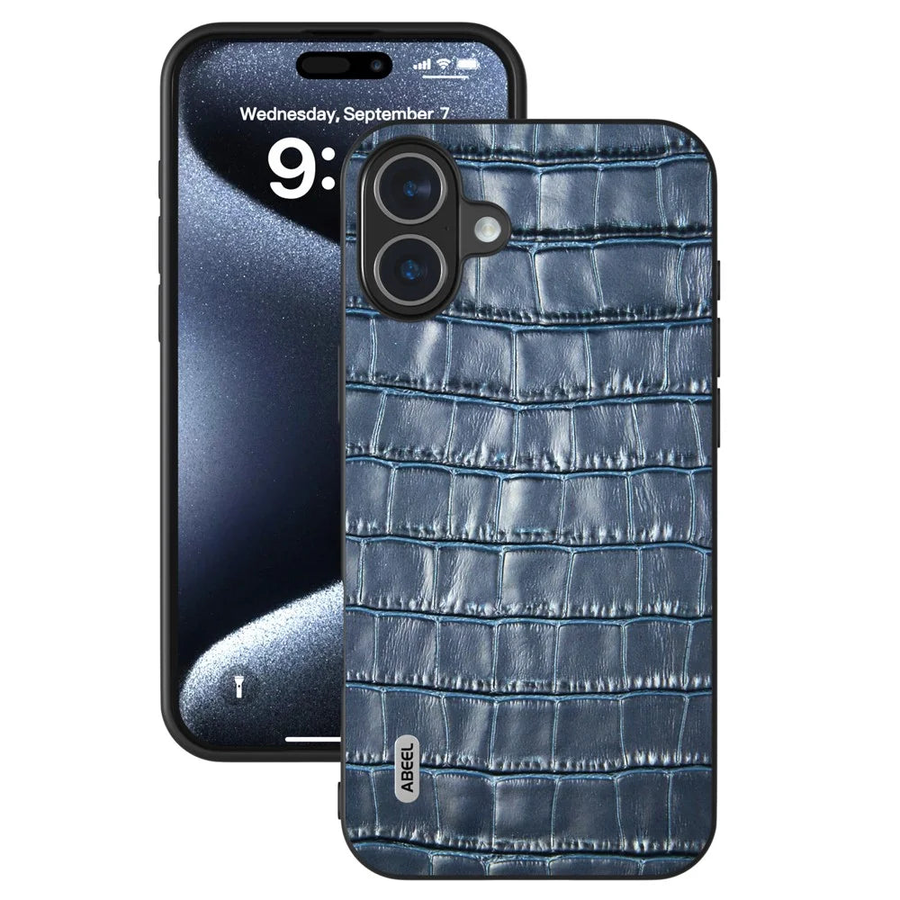 ABEEL For iPhone 16 Plus Cases Genuine Cow Leather+PC+TPU Drop-Proof Cell Phone Cover - Blue - 2