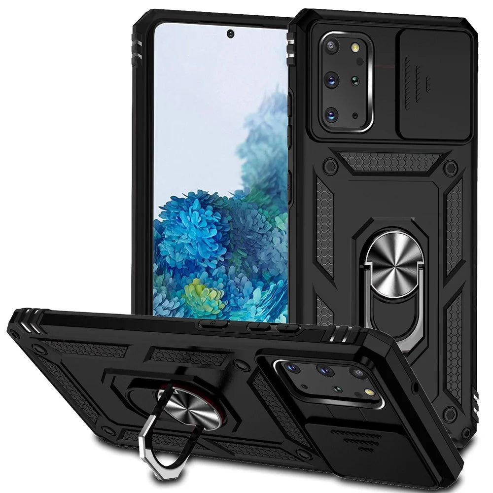 For Samsung Galaxy S20 Plus 4G / 5G Hard PC + Soft TPU Phone Case with Metal Ring Kickstand and Slide Camera Protection - Black - 1