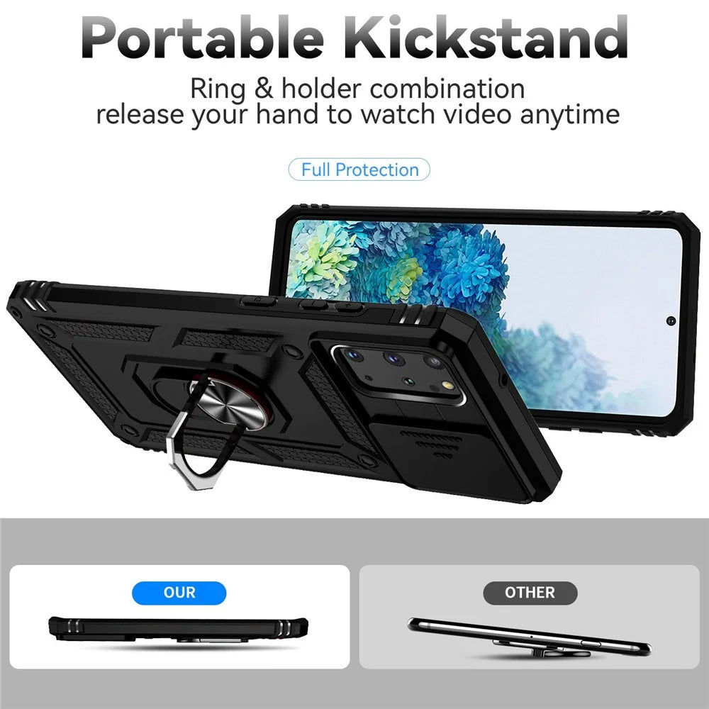 For Samsung Galaxy S20 Plus 4G / 5G Hard PC + Soft TPU Phone Case with Metal Ring Kickstand and Slide Camera Protection - Black - 2