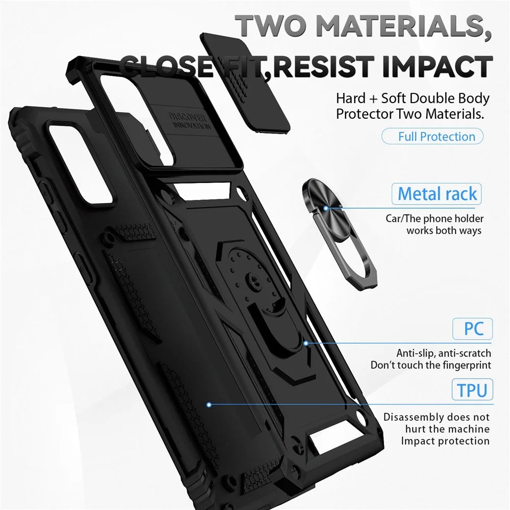 For Samsung Galaxy S20 Plus 4G / 5G Hard PC + Soft TPU Phone Case with Metal Ring Kickstand and Slide Camera Protection - Black - 4