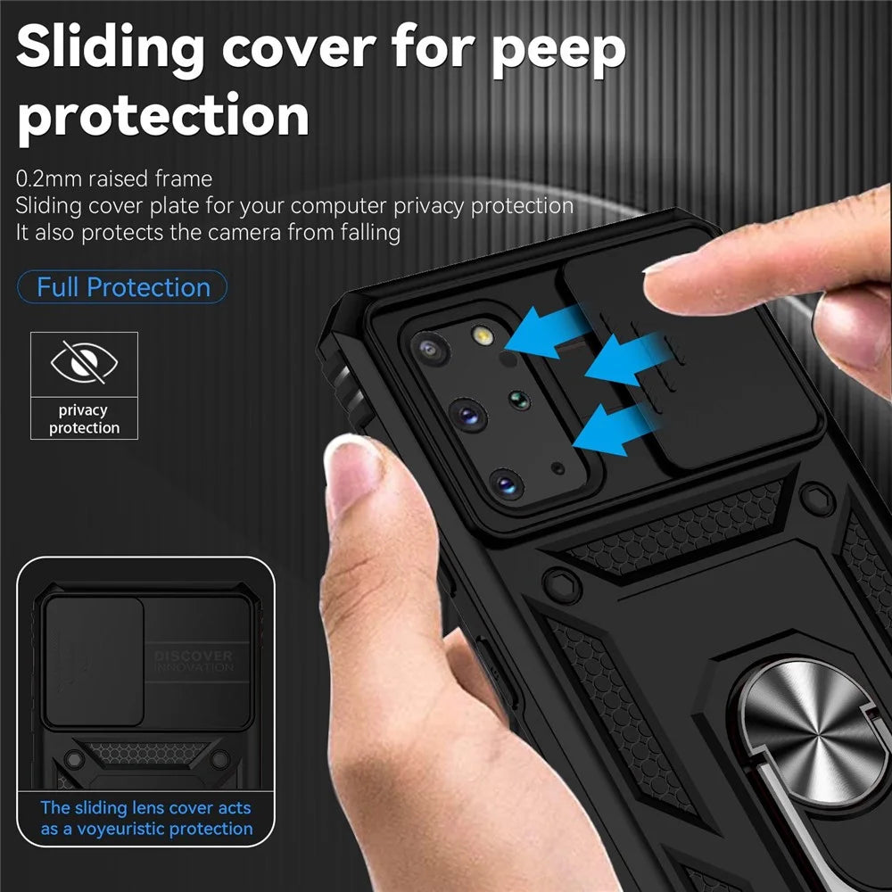 For Samsung Galaxy S20 Plus 4G / 5G Hard PC + Soft TPU Phone Case with Metal Ring Kickstand and Slide Camera Protection - Black - 5