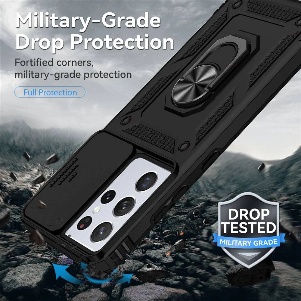 PC + TPU Hybrid Case for Samsung Galaxy S21 Ultra 5G, Slide Camera Protection Metal Ring Kickstand Phone Cover - Black - 7