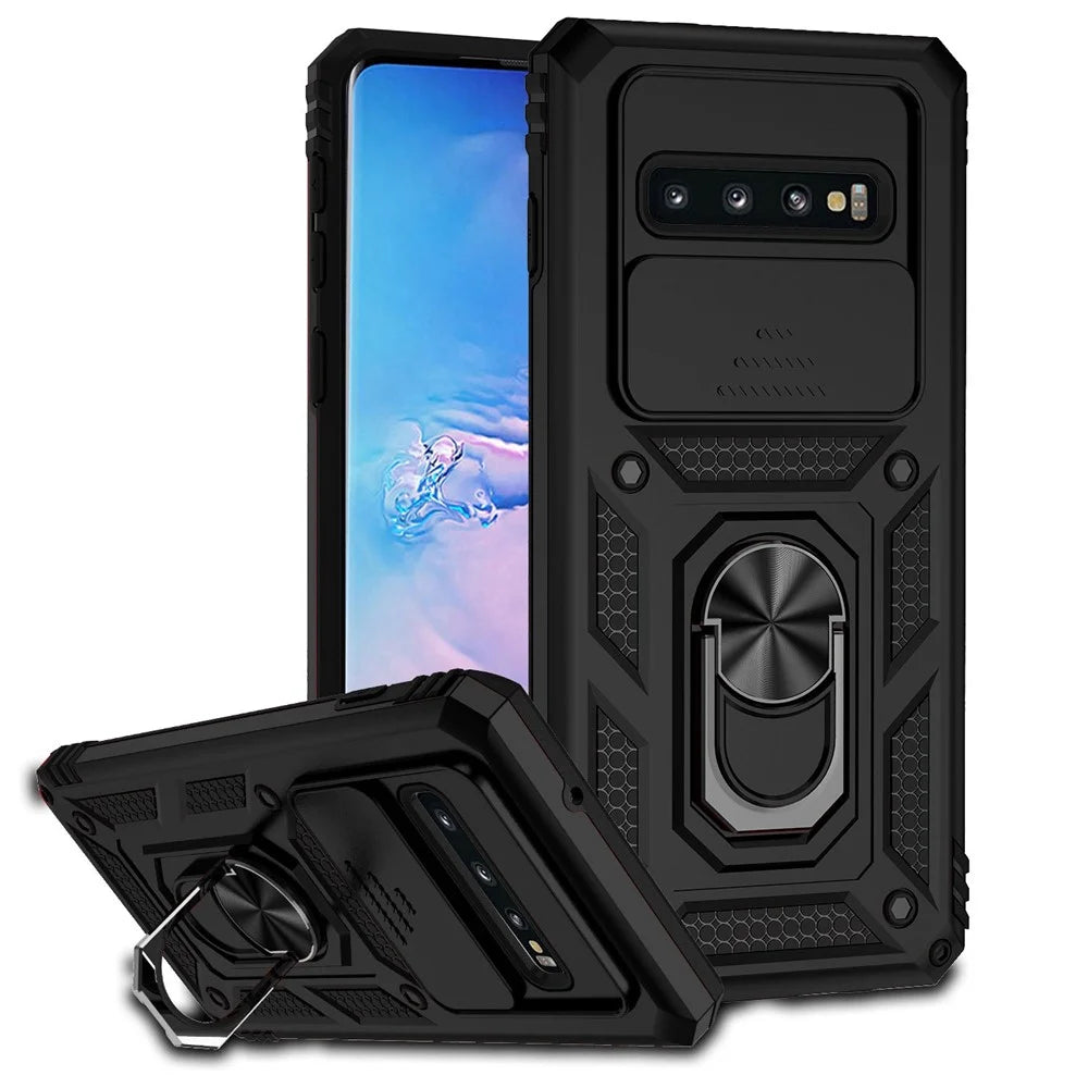 Slide Camera Protector Phone Case for Samsung Galaxy S10 Plus, PC + TPU Anti-drop Cover with Metal Ring Kickstand - Black - 1