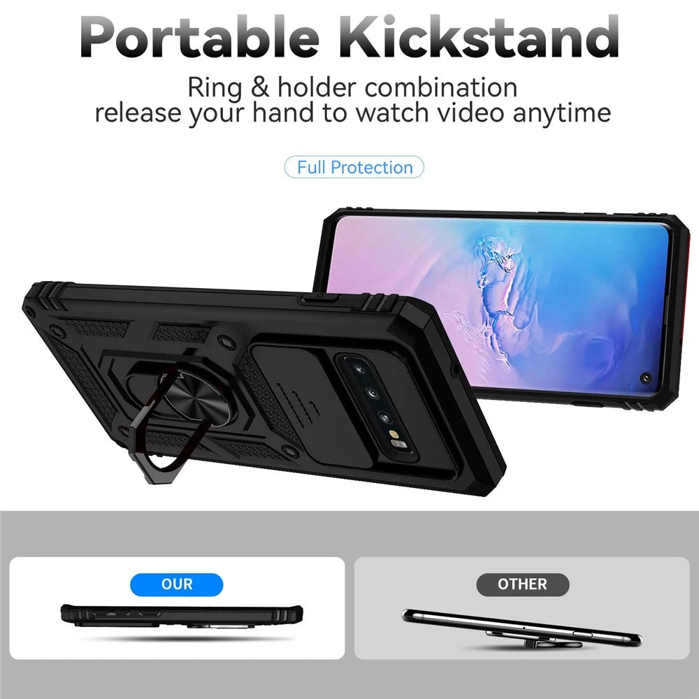 Slide Camera Protector Phone Case for Samsung Galaxy S10 Plus, PC + TPU Anti-drop Cover with Metal Ring Kickstand - Black - 2