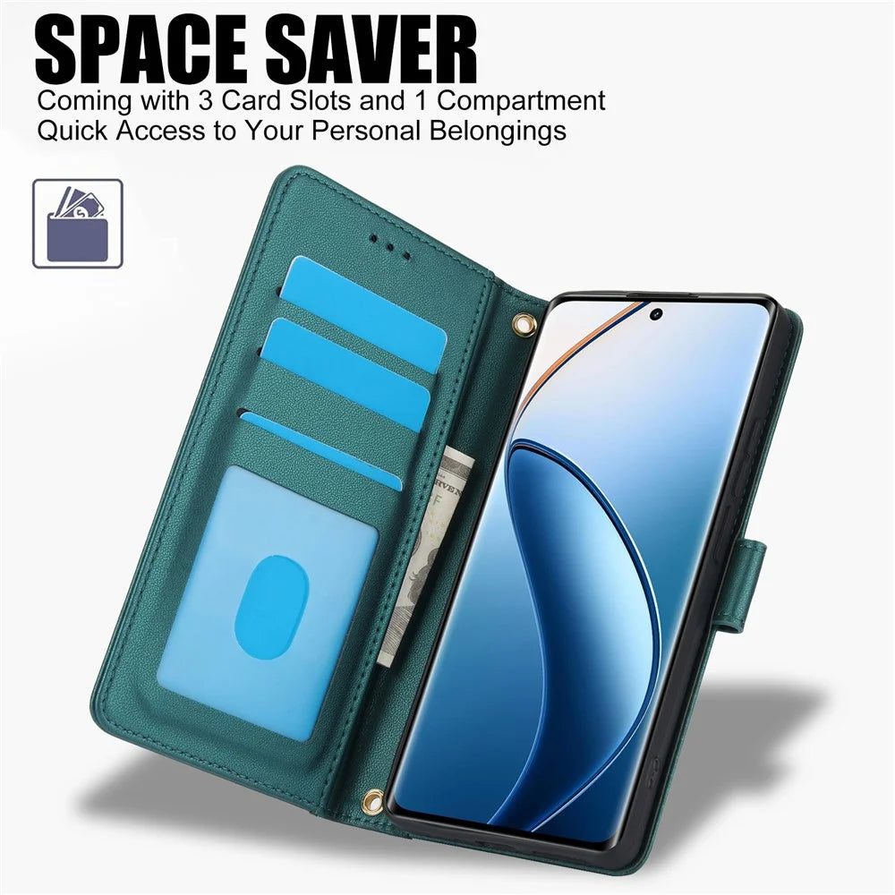 SY-003 For Realme P1 Pro 5G / 12 Pro+ 5G / 12 Pro 5G Case PU Leather Stand View Phone Wallet Cover with Hand Strap - Green - 5