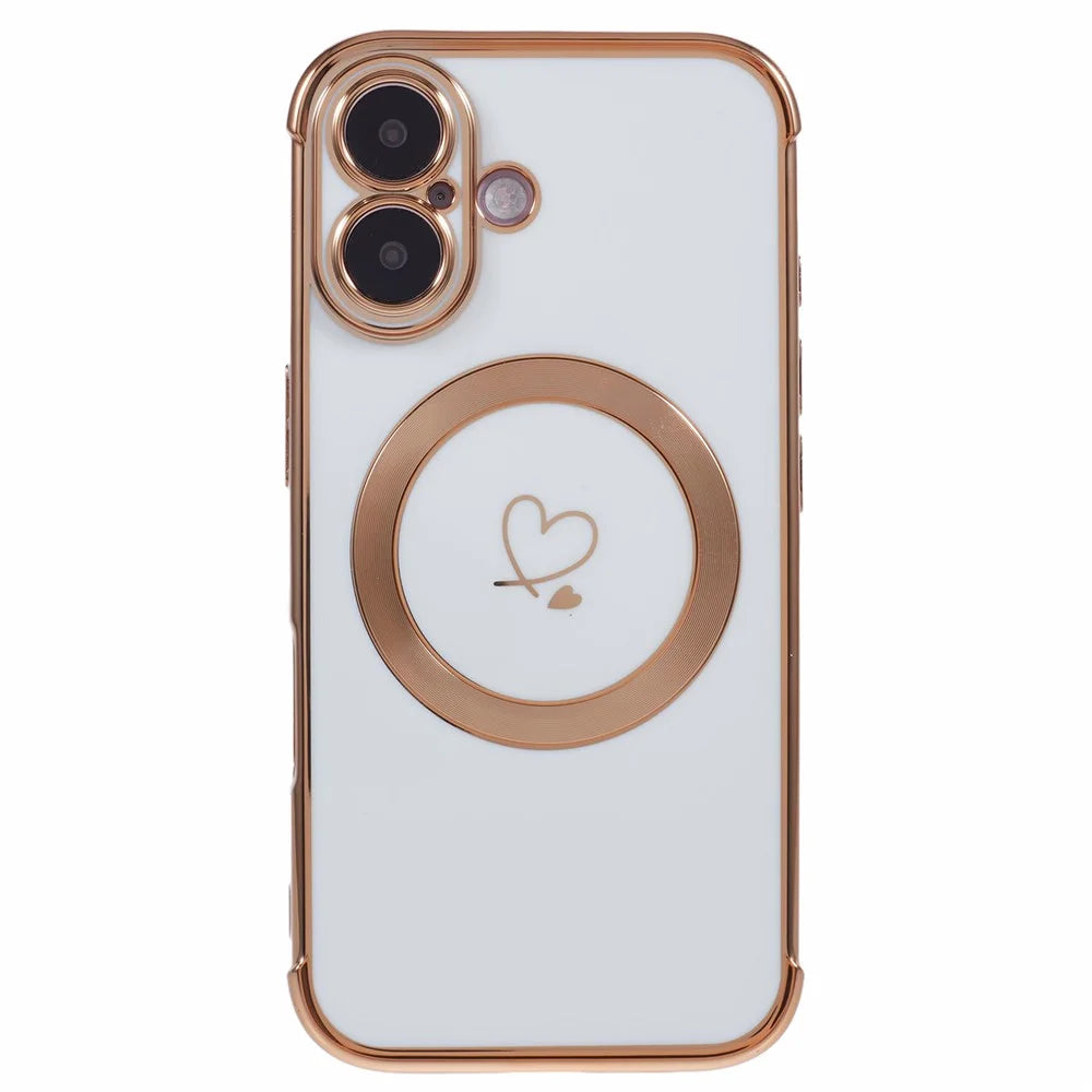 For iPhone 16 Case Compatible with MagSafe Electroplated TPU Phone Cover Hollow Love Hearts - Ivory White - 3