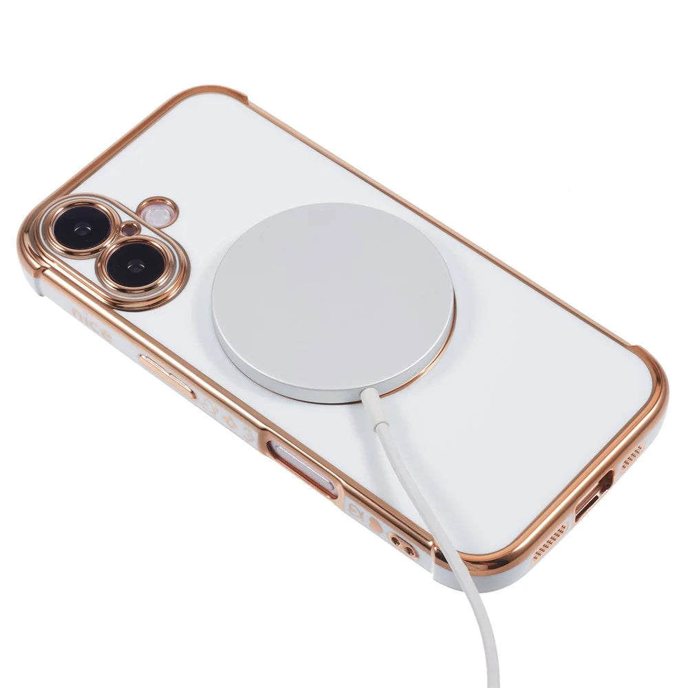 For iPhone 16 Case Compatible with MagSafe Electroplated TPU Phone Cover Hollow Love Hearts - Ivory White - 4