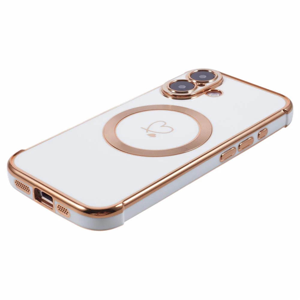 For iPhone 16 Case Compatible with MagSafe Electroplated TPU Phone Cover Hollow Love Hearts - Ivory White - 5
