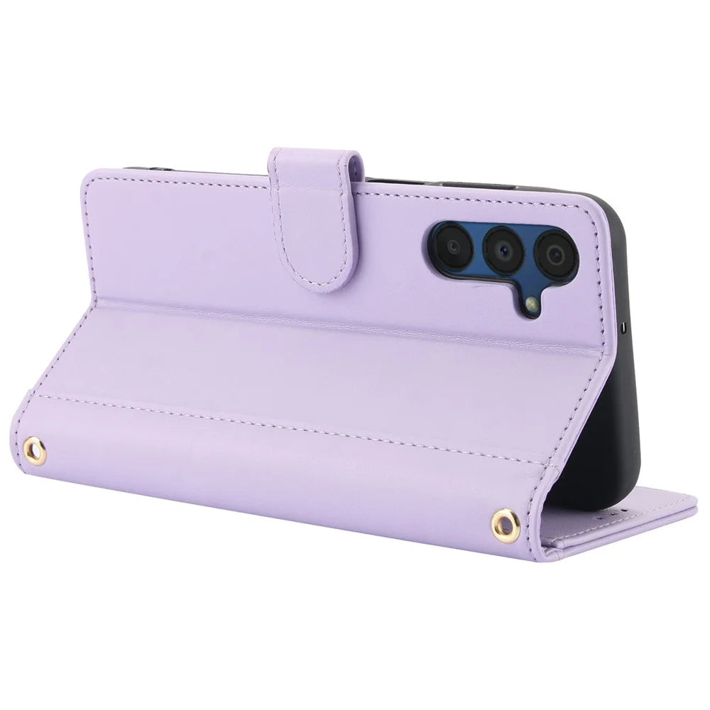 SY-003 For Samsung Galaxy A15 4G / 5G Case PU Leather Stand View Phone Wallet Cover with Hand Strap - Purple - 3