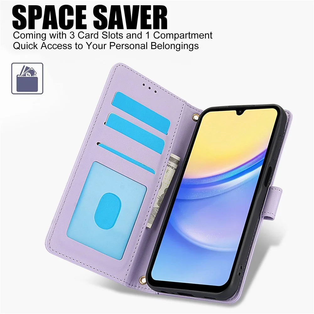 SY-003 For Samsung Galaxy A15 4G / 5G Case PU Leather Stand View Phone Wallet Cover with Hand Strap - Purple - 5