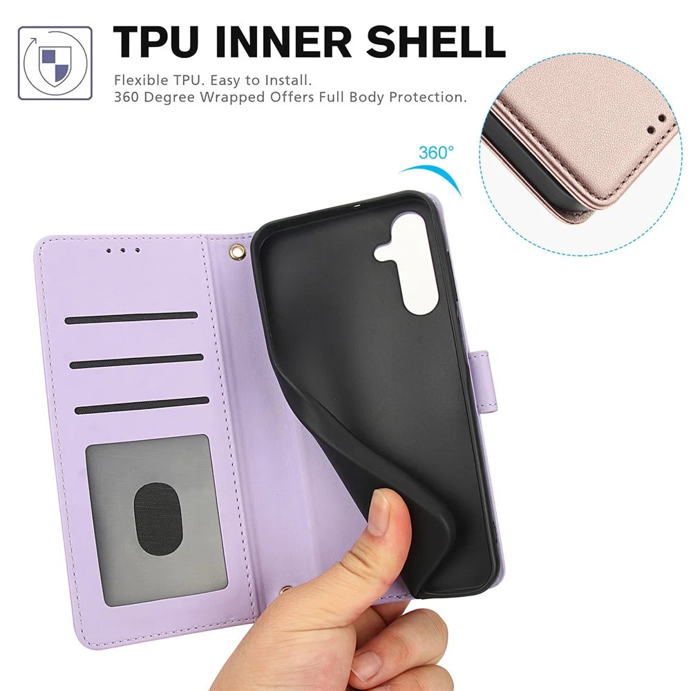 SY-003 For Samsung Galaxy A15 4G / 5G Case PU Leather Stand View Phone Wallet Cover with Hand Strap - Purple - 6